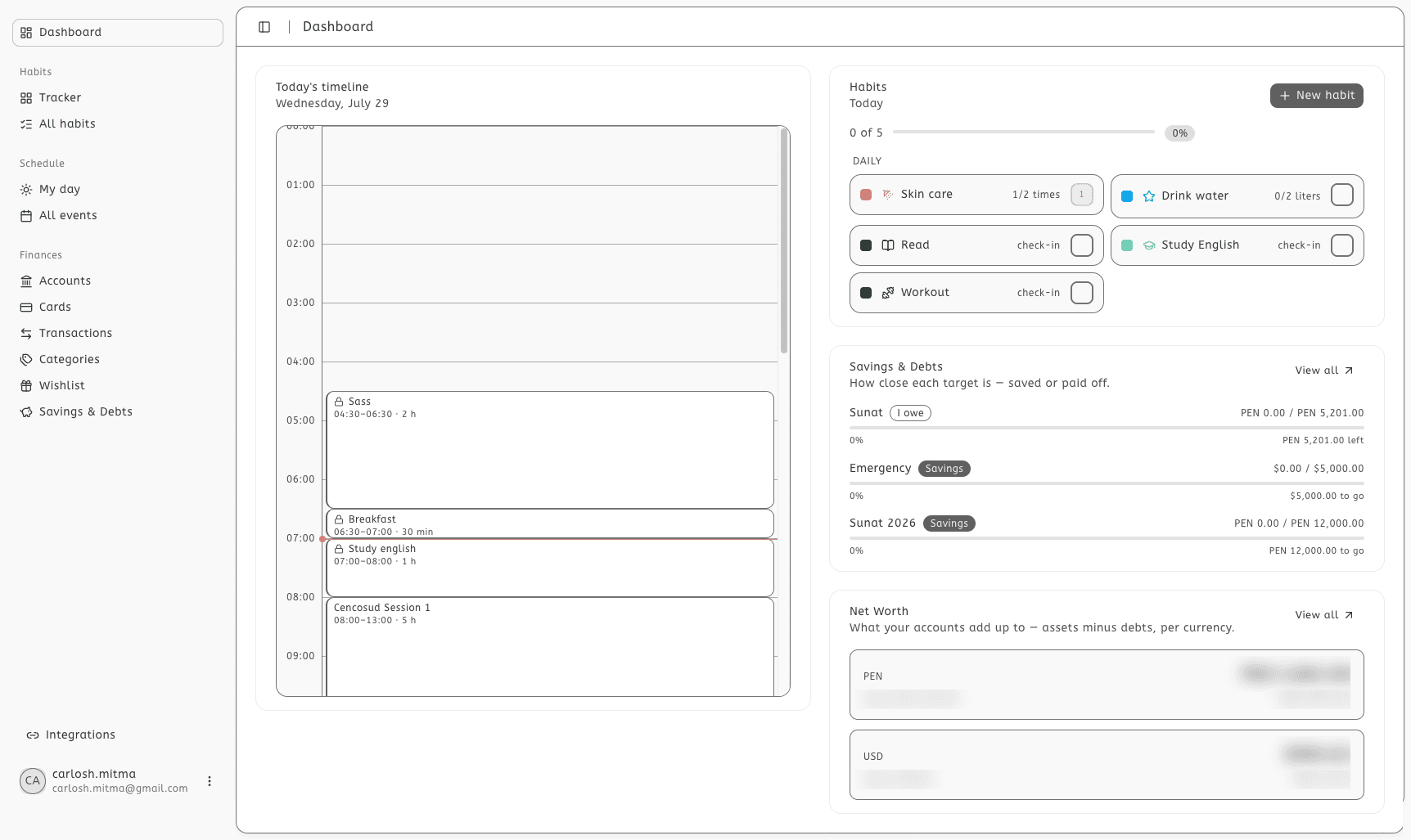 dashboard — net worth, finances, habits & schedule at a glance